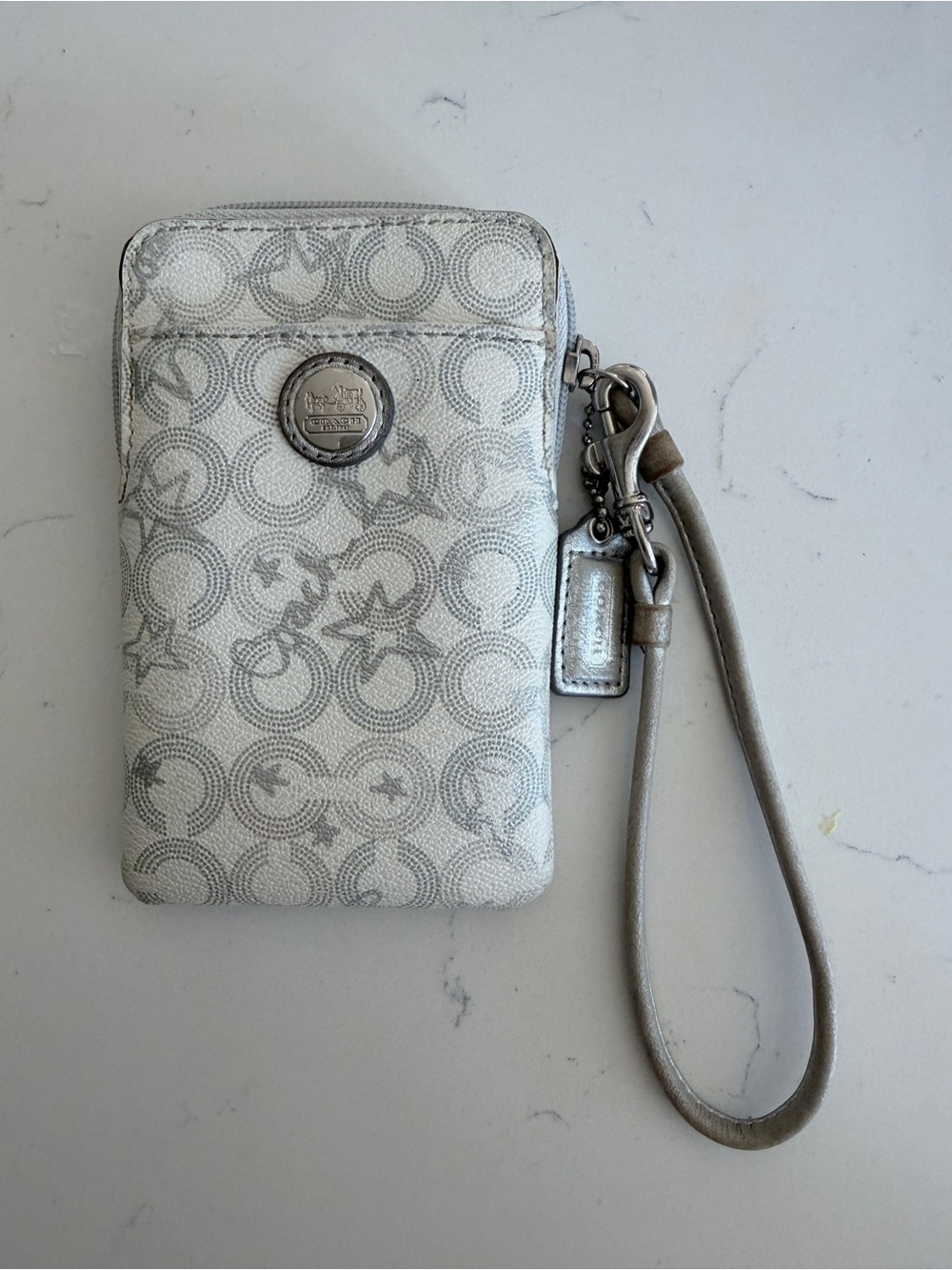 Coach Silver White Signature Wristlet Phone Pouch
